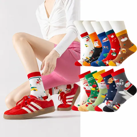 Women Christmas Cartoon Cotton Mid Tube Socks Cute Elk Snowman Winter Casual Couple Socks