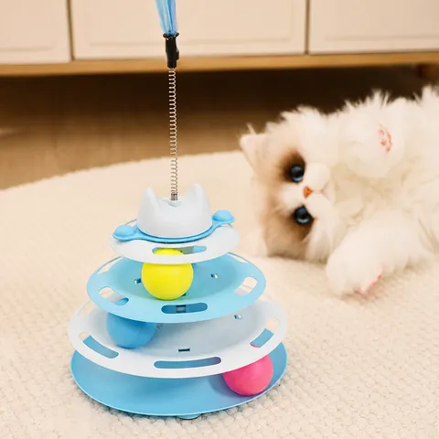 Interactive Cat Toy Turntable Multi-Layer Track Rolling Balls With Feather Plastic Pet Entertainment Toy