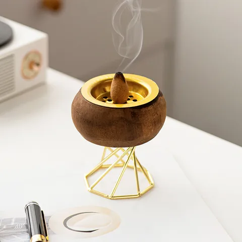 Wooden Incense Burner With Gold Metal Geometric Stand Arabic Style Aromatherapy Diffuser For Home Office Desktop Decor Gift