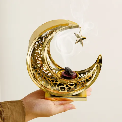 Metal Crescent Moon Incense Burner Hollow Carved Arabic Style Aromatherapy Censer With Hanging Star Home Decor