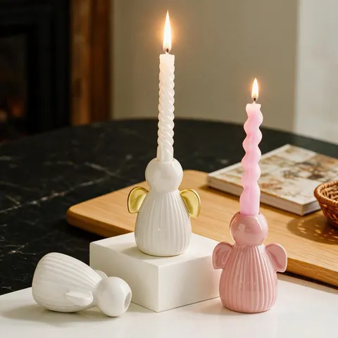 Porte-Bougie Ange en Céramique Minimaliste Moderne Mignon Figurine Support de Bougie pour Maison Table Mariage Fête Décor