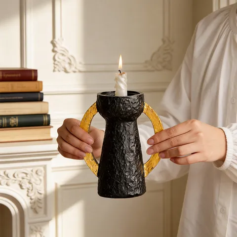 Portacandela in Resina Stile Medio Orientale Nero Bianco Oro Doppia Orecchia Decorazione Scrivania Supporto per Candela
