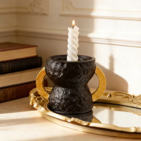 Portacandela in Resina Stile Medio Orientale Nero Bianco Oro Doppia Orecchia Decorazione Scrivania Supporto per Candela