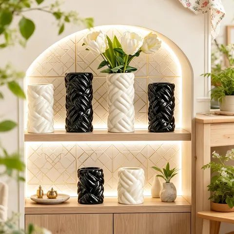 Modern Minimalist Ceramic Thread Ball Vase Cylindrical Tabletop Flower Arrangement Vase Home Entryway Art Decor Ornament