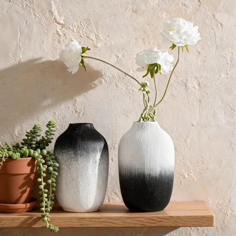 Jarrón de Resina con Degradado Blanco y Negro Minimalista Jarrón de Flores Decorativo Wabi-Sabi Para Decoración de Entrada de Oficina
