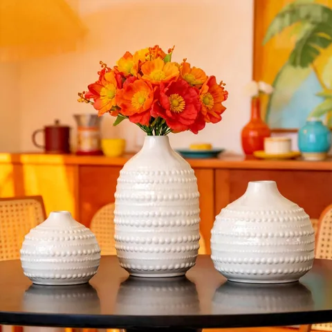 Nordique Céramique Vase Blanc Relief Point Floral Contenant Minimaliste Table Salon Hôtel Décoration Maison