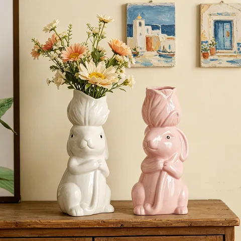 Easter Bunny Rabbit Ceramic Flower Vase Cute Animal Art Ornament Modern Minimalist Desktop Flower Container Home Decor