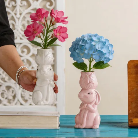 Easter Bunny Rabbit Ceramic Flower Vase Cute Animal Art Ornament Modern Minimalist Desktop Flower Container Home Decor