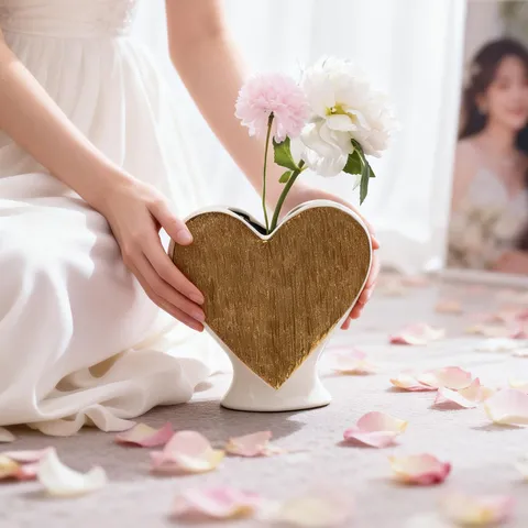 Romantic Elegant Heart Ceramic Vase Gold Luxury Tabletop Flower Pot Home Living Room Decorative Floral Arrangement