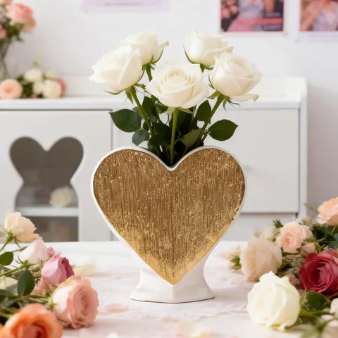 Romantic Elegant Heart Ceramic Vase Gold Luxury Tabletop Flower Pot Home Living Room Decorative Floral Arrangement