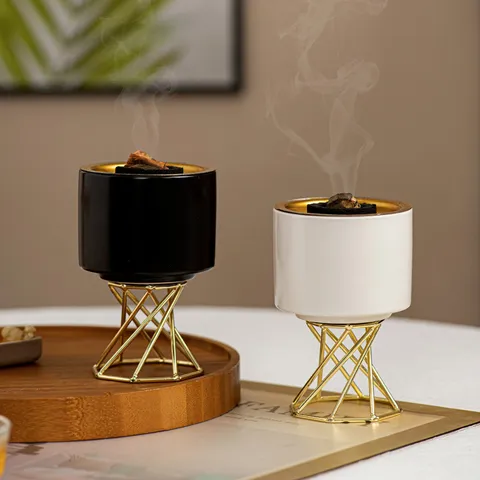 Modern Nordic Ceramic Incense Burner With Gold Metal Stand Tabletop Aromatherapy Decoration For Home Office