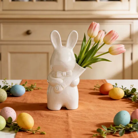 Minimalist Ceramic Easter Rabbit Handheld Vase Cute Animal Figurine Flower Arranger Desktop Decorative Ornament