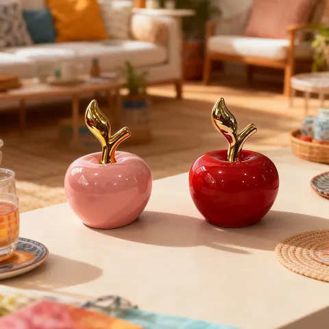 Nordic Style Ceramic Apple Ornament Glazed Fruit Figurine With Electroplated Gold Silver Leaf Desktop Decor Home Decoration