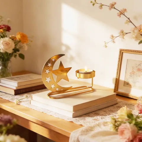 Gold Metal Star Moon Standing Candle Holder Arabic Festival Home Decor Tabletop Tea Light Candle Stand