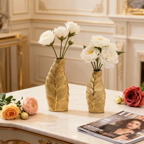 Vase en Céramique de Luxe Léger Européen Design à Veine de Feuille Dorée Ornement de Table Vase Décoratif pour Salon Maison