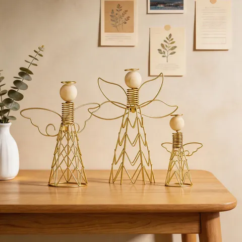 Modern Minimalist Iron Wood Angel Desktop Ornament Line Art Figurine Home Decor Craft Statue