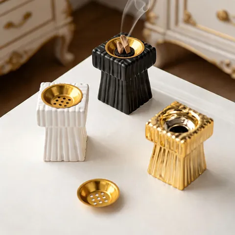 Nordic Light Luxury Square Ceramic Incense Burner Ribbed Gold Rim Aromatherapy Censer For Living Room Home Decor