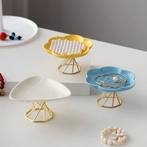Modern Minimalist Ceramic Jewelry Tray With Gold Metal Geometric Stand Storage Tray For Bedroom Living Room
