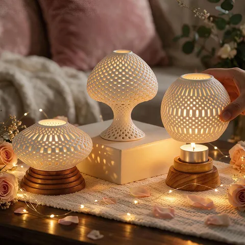 White Ceramic Hollow 3D Printed Candle Holder Nordic Style Mushroom Ball Tealight Stand For Home Wedding Table Decor