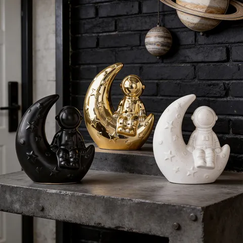Modern Creative Astronaut Moon Ceramic Ornament Tabletop Bookshelf Decor Statue Home Living Room Office Decoration