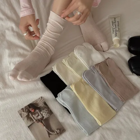 Women Thin Lyocell Split Toe Socks Mid Tube Casual Solid Color Breathable Comfortable Spring Summer Hosiery Footwear