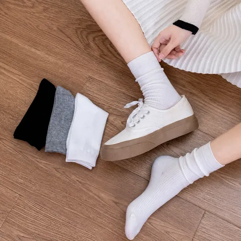 Women Men Cotton Mid-Calf Socks Solid Color Ribbed Casual Breathable Anti-Odor Slouch Socks Spring Autumn Daily Wear