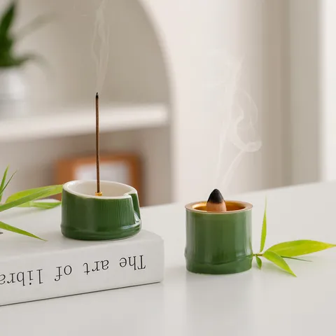 Set di Bruciaincenso e Portaincenso in Ceramica con Nodo di Bambù Verde Moderno e Creativo per Aromaterapia da Scrivania