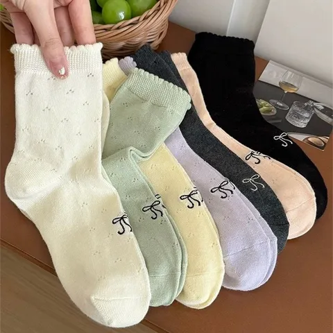 Sweet Ballet Style Hollow Bow Solid Color Jacquard Women Mid-Tube Socks Summer Thin Mesh Casual Cute Hosiery