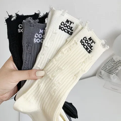 Women Casual Cotton Slouch Socks Distressed Letter Embroidered High Tube Fashion Long Socks Daily Wear