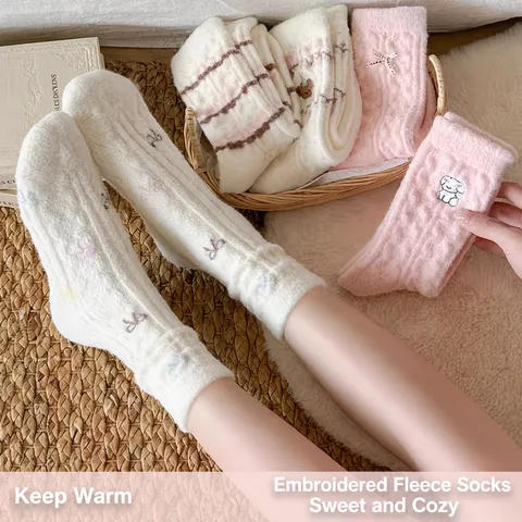 Nylon Women Winter Warm Sleep Socks Sweet Cute Cartoon Embroidery Thickened Home Cozy Thermal Tube Socks