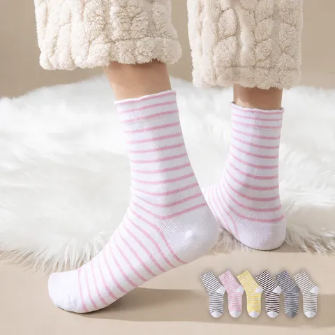 Women Thermal Sleep Socks Soft Cotton Blend Striped Mid Calf Casual Cozy Socks For Home And Daily Wear