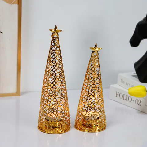 European Style Metal Christmas Tree Candlestick Gold Hollow Candle Holder Holiday Wedding Party Desktop Home Decoration Gift