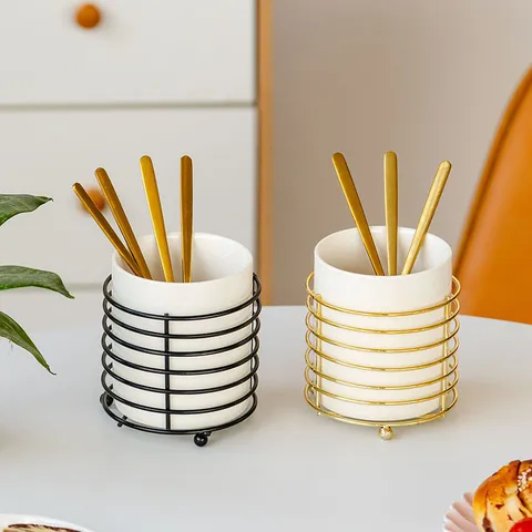 Minimalist Ceramic Tableware Storage Tube Chopsticks Holder With Iron Wire Stand Gold Black Large Small Desktop Organizer For Kitchen Home