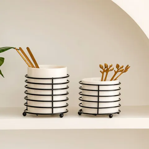 Minimalist Ceramic Tableware Storage Tube Chopsticks Holder With Iron Wire Stand Gold Black Large Small Desktop Organizer For Kitchen Home