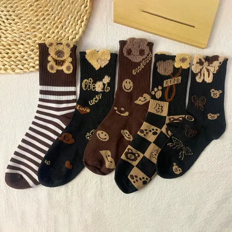 Women Autumn Winter Cute Cartoon Bear Plush Mid-Tube Socks Korean Style Sweet Versatile Warm Cotton Crew Socks
