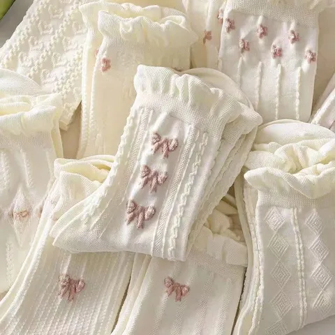 Women's Preppy Style Cotton Blend Crew Socks With Ruffle Lace And Bow Embroidery Breathable Spring Summer Long Socks