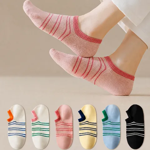 Women's Casual Striped No Show Socks Summer Thin Breathable Anti-Slip Invisible Low Cut Socks Cotton Blend Daily Hosiery