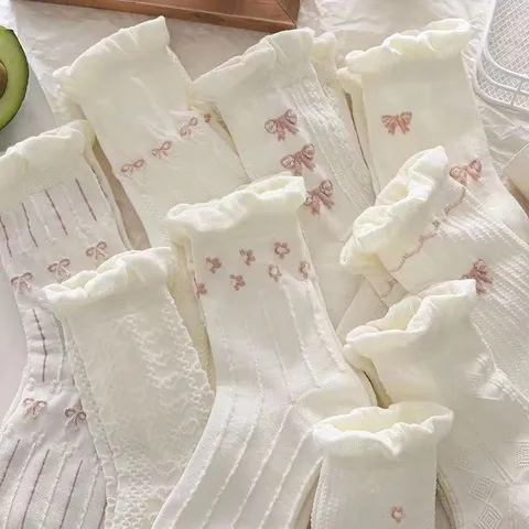 Women's Preppy Style Cotton Blend Crew Socks With Ruffle Lace And Bow Embroidery Breathable Spring Summer Long Socks