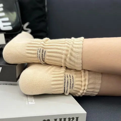 Women Winter Thickened Towel Bottom Cotton Socks Japanese Workwear Style Solid Color Letter Printed Crew Socks Casual Daily