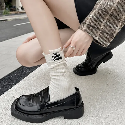 Women Casual Cotton Slouch Socks Distressed Letter Embroidered High Tube Fashion Long Socks Daily Wear
