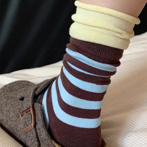 Women's Casual Cotton Striped Mid-Calf Socks Japanese College Style Colorblock Double Layer Rolled Cuff Stacking Socks