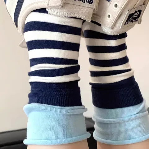 Women's Casual Cotton Striped Mid-Calf Socks Japanese College Style Colorblock Double Layer Rolled Cuff Stacking Socks