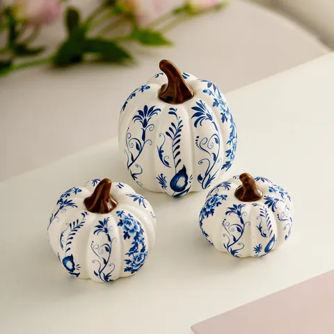 Nordic Creative Blue and White Porcelain Pumpkin Figurine Ceramic Decorative Ornament for Tabletop Porch Halloween Home Decor
