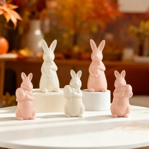 Easter Bunny Rabbit Ceramic Figurine Cute Bow Tie Holding Egg Statue Home Decor
