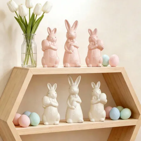 Easter Bunny Rabbit Ceramic Figurine Cute Bow Tie Holding Egg Statue Home Decor