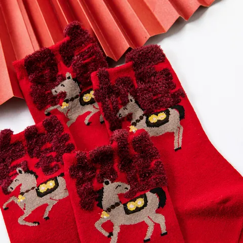 Unisex Winter Mid Calf Cotton Blend Socks Cute Zodiac Horse Embroidery Festive New Year Red Socks Daily Wear