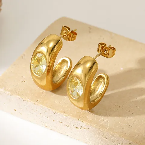 Pendientes de Aro en Forma de C de Acero Inoxidable 304 para Mujer Chapado en Oro de 18K PVD Geométrico Ovalado Strass Amarillo Joyería