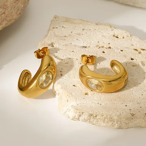 Pendientes de Aro en Forma de C de Acero Inoxidable 304 para Mujer Chapado en Oro de 18K PVD Geométrico Ovalado Strass Amarillo Joyería