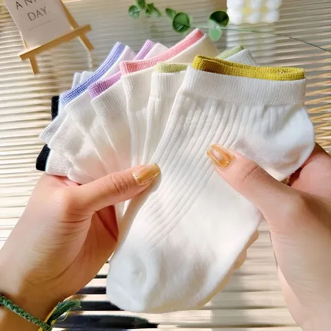 Women's Casual Cotton Crew Socks Solid Color Short Socks With Colorblock Edge Breathable Spring Autumn Daily Footwear