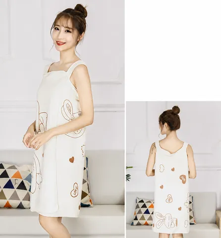Women Wearable Bath Towel Cute Cartoon Rabbit Print Strapless Bath Dress Absorbent Microfiber Beach Bathrobe Spa Loungewear